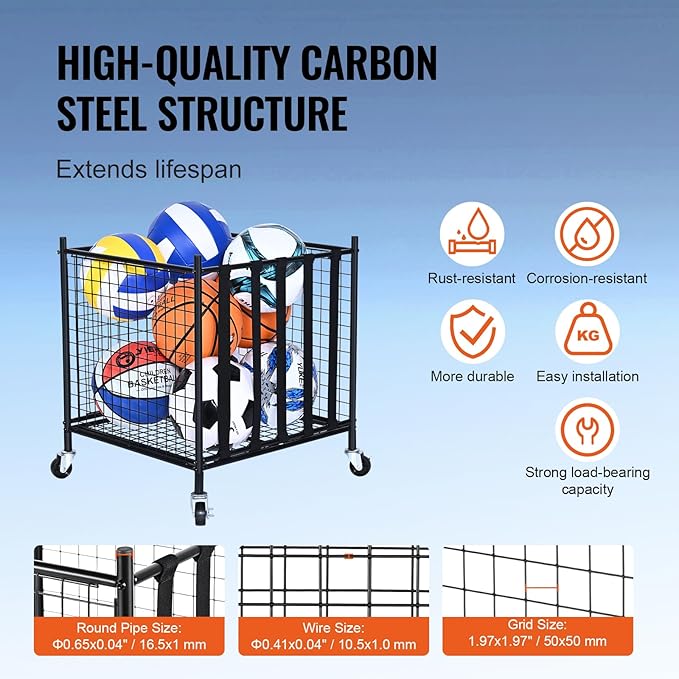 VEVOR Rolling Sports Ball Storage Cart, Lockable Basketball Cage with Double Lids, Sport Equipment Holder Organizer for Indoor Outdoor, Steel Storage Rack for Garages, Playgroup, Gym and Schools
