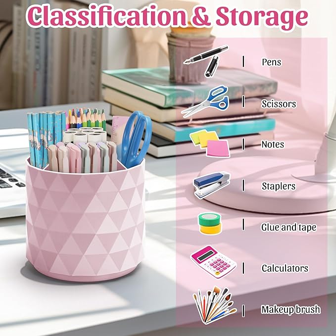 Desk Organizer,Sparkling Diamond-like Pen Holder for Desk 360°Rotating Office Accessories,Pencil Cup with 5 Compartments Storage Box Caddy for Office,School,Home,Art Supply(Pink)