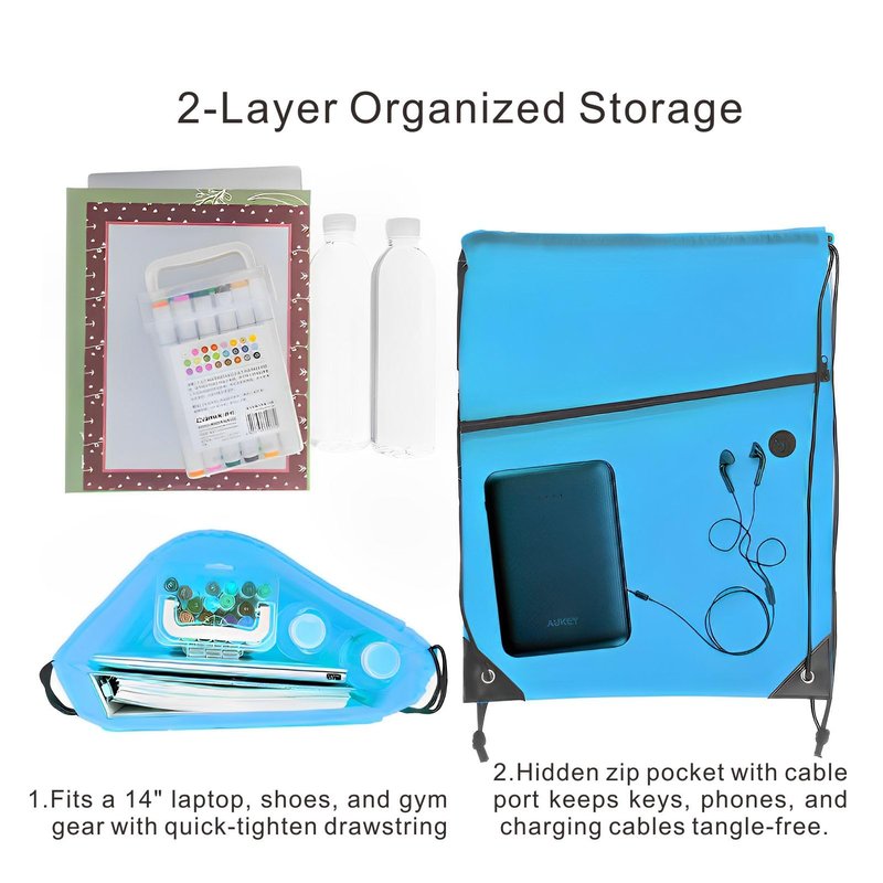 Lightweight Drawstring Backpack with 2 Compartments, Zip Pocket ECO Cinch Bags for Gym Travel, for Men Women (20, Blue)
