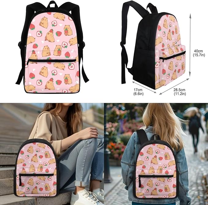 Kids School Bag Set Strawberry Capybara Backpack for Girls Schoolbag Set with Lunchbox Pencil Case Water Bottle Sleeve Elementary Preschool Kindergarten Bookbag 4 IN 1