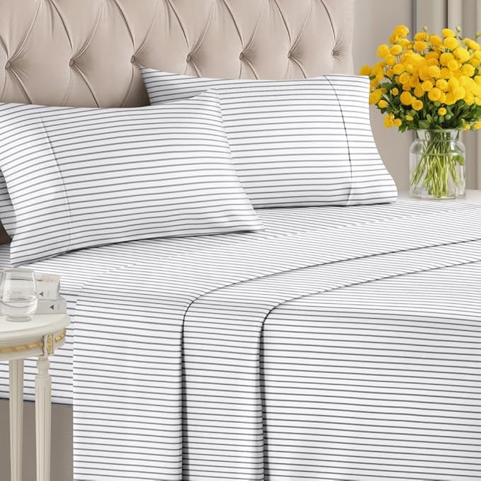 Blue and White Striped Sheets - 1 Flat & 1 Fitted Sheet & 2 Pillowcases w/ Deep Pockets - Cozy, Wrinkle & Fade Resistant - Ultra-Soft, Breathable & Cooling - Luxury Pinstripe Bedding - Full Size