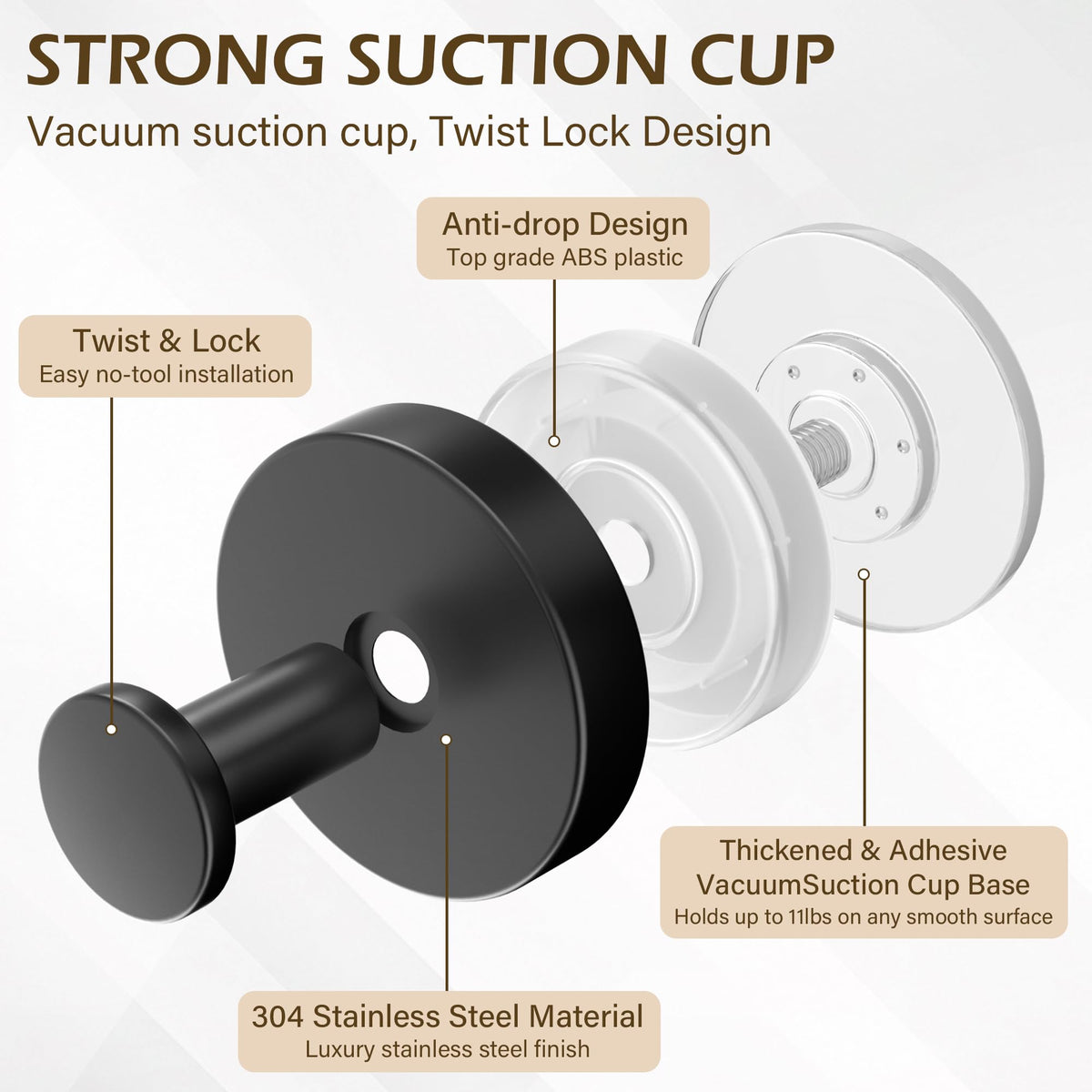 Ninth Five Suction Cup Hooks for Shower, Bathroom Wall Door Hooks for Towels, Robes, Loofahs Hanging, Removable Suction Towel Hook for Tile Glass Mirror, No Drill(4 Pack, Black)