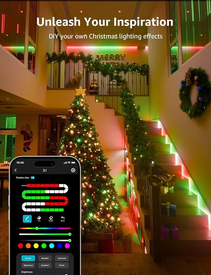 Lepro S1 AI LED Strip Lights for Christmas Decorations, 16.4ft Smart RGB Light Strips with IC and Rainbow Chasing Effects, Personalized Al Lighting Designer, No Remote, 2.4GHz Wi-Fi & Bluetooth