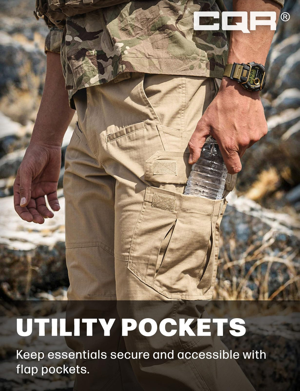 CQR Men's Tactical Pants, Water Resistant Ripstop Cargo Pants, Lightweight EDC Work Hiking Pants, Outdoor Apparel, Raider Khaki, 42W x 32L