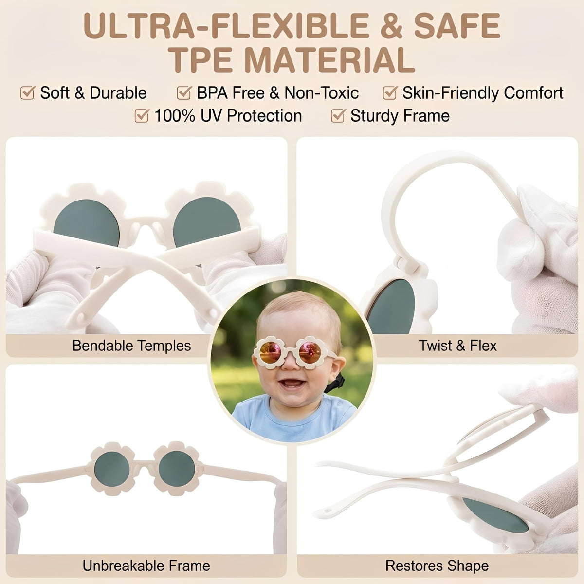 GLARDEFE Polarized Baby Sunglasses with Strap - Unbreakable Infant Flowers Sunglasses for Newborn Girls Boys Age 0-12 Months(White/Red Mirror + Pink/Pink Mirror + Beige/Brown)