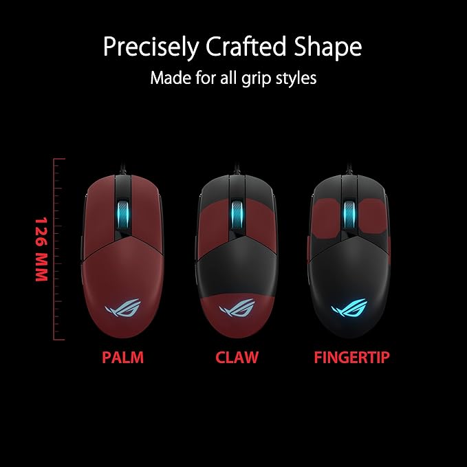 ASUS ROG Strix Impact III Gaming Mouse, Semi-Ambidextrous, Wired, Lightweight, 12000 DPI Sensor, 5 programmable Buttons, Replaceable switches, Paracord Cable, FPS Gaming Mouse, Black