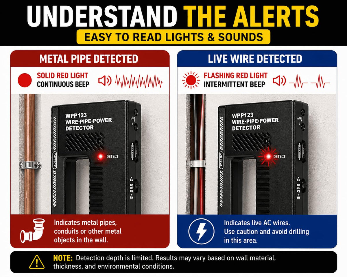WPP123 Wire & Pipe Detector – Detects Live AC Wires & Metal Pipes in Walls – LED & Sound Alerts – Adjustable Sensitivity – DIY Indoor Wall Safety Tool (High Sensitivity)