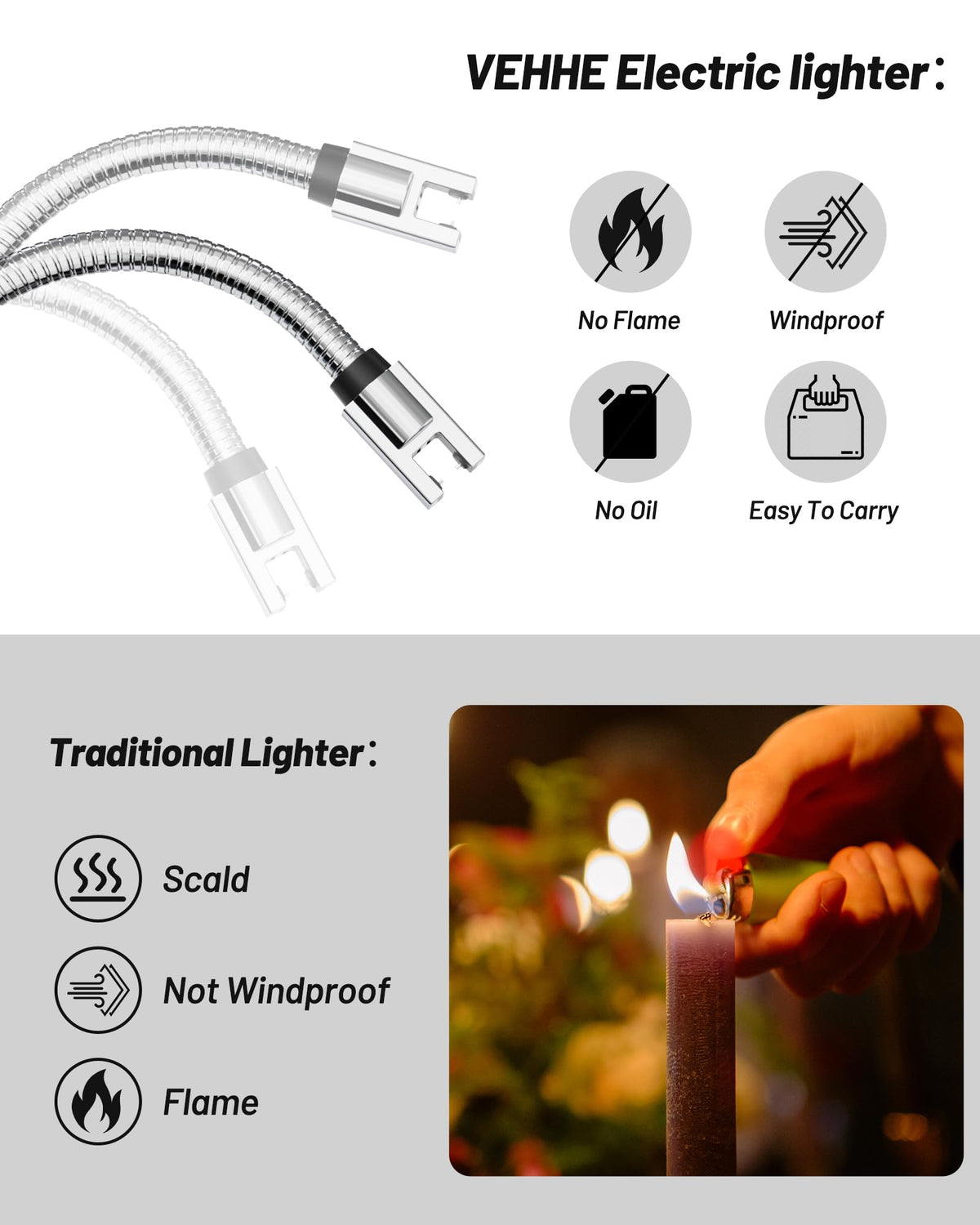 VEHHE Candle Lighter, Electric Rechargeable Arc Lighter with LED Battery Display Long Flexible Neck USB C Lighters for Light Candles Gas Stoves Camping Barbecue