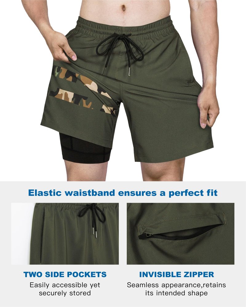 SURF CUZ Mens Swim Trunks with Compression Liner Quick Dry Swim Shorts 7" Swimming Trunks Stretch Bathing Suit Zipper Pockets,Jungle Drift,S