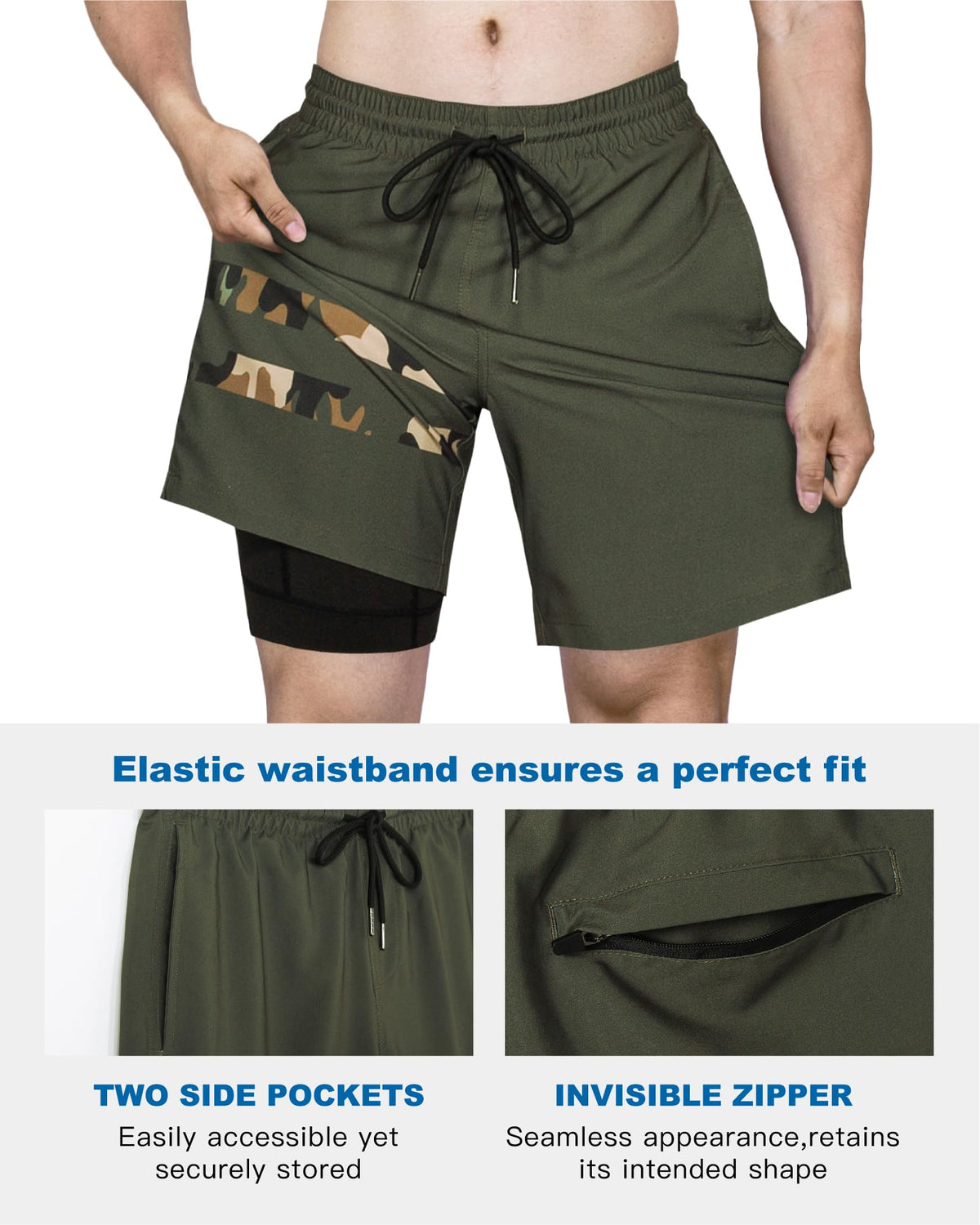 SURF CUZ Mens Swim Trunks with Compression Liner Quick Dry Swim Shorts 7" Swimming Trunks Stretch Bathing Suit Zipper Pockets,Jungle Drift,XS