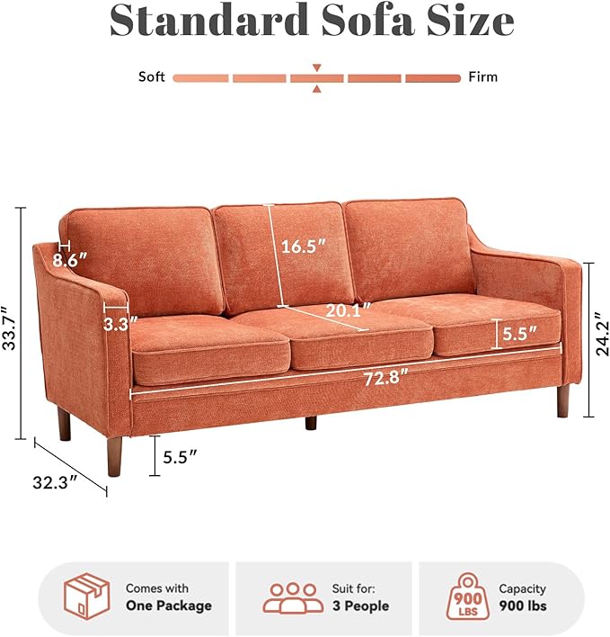 Kingfun 80" Chenille Sofa, 3 Seater Couch, Mid Century Modern Couches with Solid Wood Frame for Living Room & Bedroom, Orange