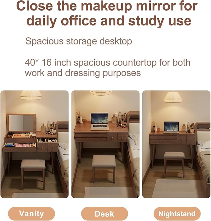 KungFuWood Wood Vanity Desk with Mirror and Lights, Dressing Vanity Table Vanity Set 4 Drawers, 40 Inch Large Make Up Vanity Table Wooden with 3 Lighting Modes Log Color (with Adapter)