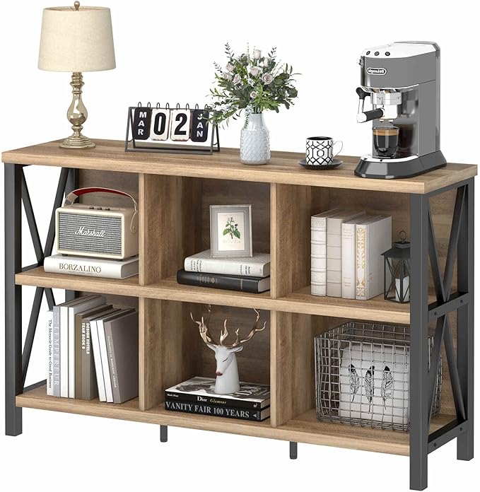 FATORRI 6 Cube Storage Organizer with Shelf, Long Wood and Metal Cubby Bookcase, Industrial Horizontal Bookshelf (Rustic Oak, 47 Inch)