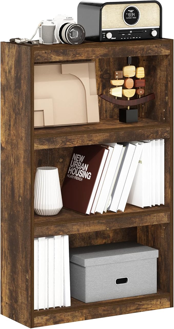 Furinno Jaya Book Shelf, 3-Tier Modern Bookshelf with Adjustable Shelf, Bookcase with Open Shelf, 9.5 x 24.5 x 40.3, for Organization and Storage, for Living Room, Bedroom, Home Office, Amber Oak