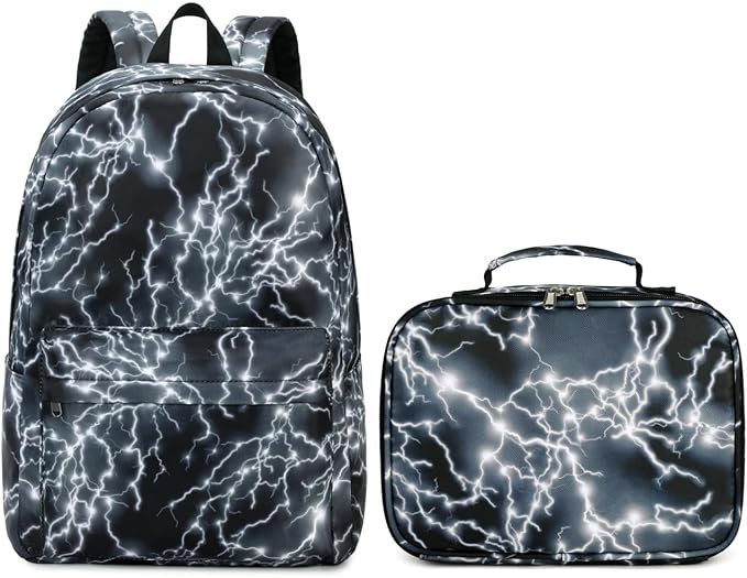 BABUN Backpack for Boys Middle Elementary Set for Kids Bookbag Lightning Laptop School Bags Waterproof With Lunch Box Bag (4-Black)