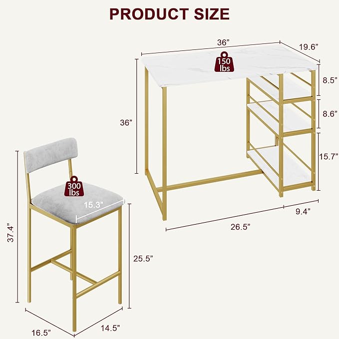 CABIHOME Dining Table Set for 2, Kitchen Table and Velvet Upholstered Chairs for 2, 3 Piece Counter Height Bar Table Set with 3 Large Storage Shelves for Small Space, Apartment, Gray and Gold White