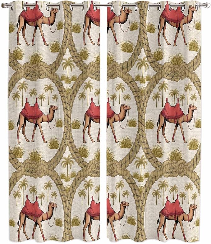 2 Panel Kitchen Cafe Curtains, Camels Palm Trees Sunlight Filtering Nature Air