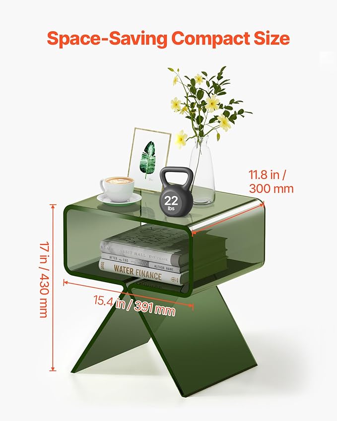 VEVOR Acrylic Nightstand Side Table, Modern Clear End Table with Storage Shelf, Transparent Small Bedside Table for Bedroom, Home Decor, Living Room, No Assembly Needed, Green