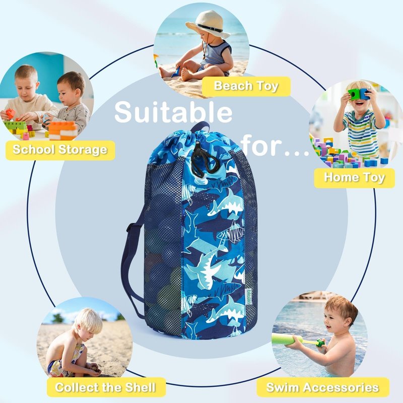 Shark Large Mesh Beach Bag for Kids, Kids Drawstring Beach Backpack for Boys, Tote Mesh Beach Toys Bag, Swim Pool Toys Balls Storage Bags Gym Bag, Beach Toy Shells Organizer