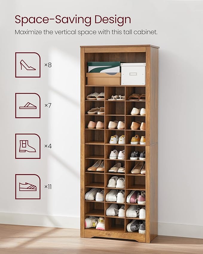 VASAGLE Shoe Storage Cabinet, 10 Tier Shoe Rack Organizer, Holds Up to 30 Pairs of Shoes, for Entryway Bedroom, 12.6 x 24.8 x 73.6 Inches, Rustic Walnut ULBS273T41