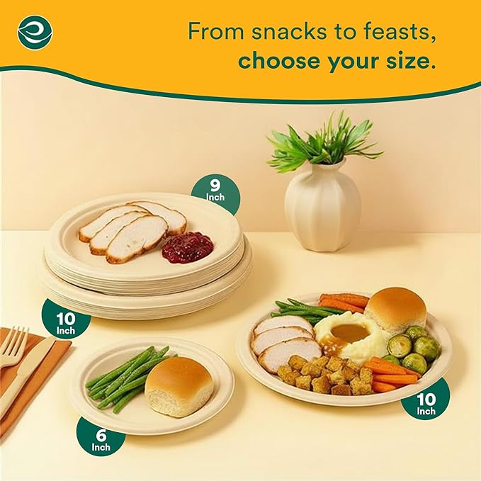 ECO SOUL Compostable 9 Inch(500-Pack) Biodegradable Heavy-Duty Disposable Eco-Friendly Paper Plates for Dinner & Parties, Wedding, Event