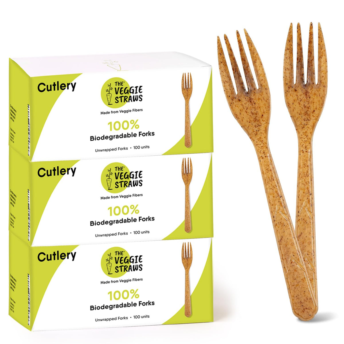 100% Biodegradable Cutlery Made of Vegetable Fibers, 300 PCS of 6.7” Long Heavy-Duty and Splinter Free Eco-Friendly Spoons, Forks & Knives, Perfect Sustainable Cutlery by The Veggie Straws