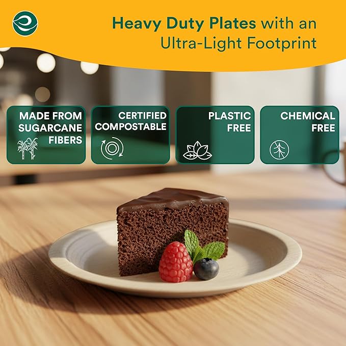 ECO SOUL Compostable Paper Plates 6 Inch (100 Count) Plates for Dessert, Heavy Duty, Eco-Friendly Sugarcane Bagasse Small Plates For Appetizer- Natural Brown
