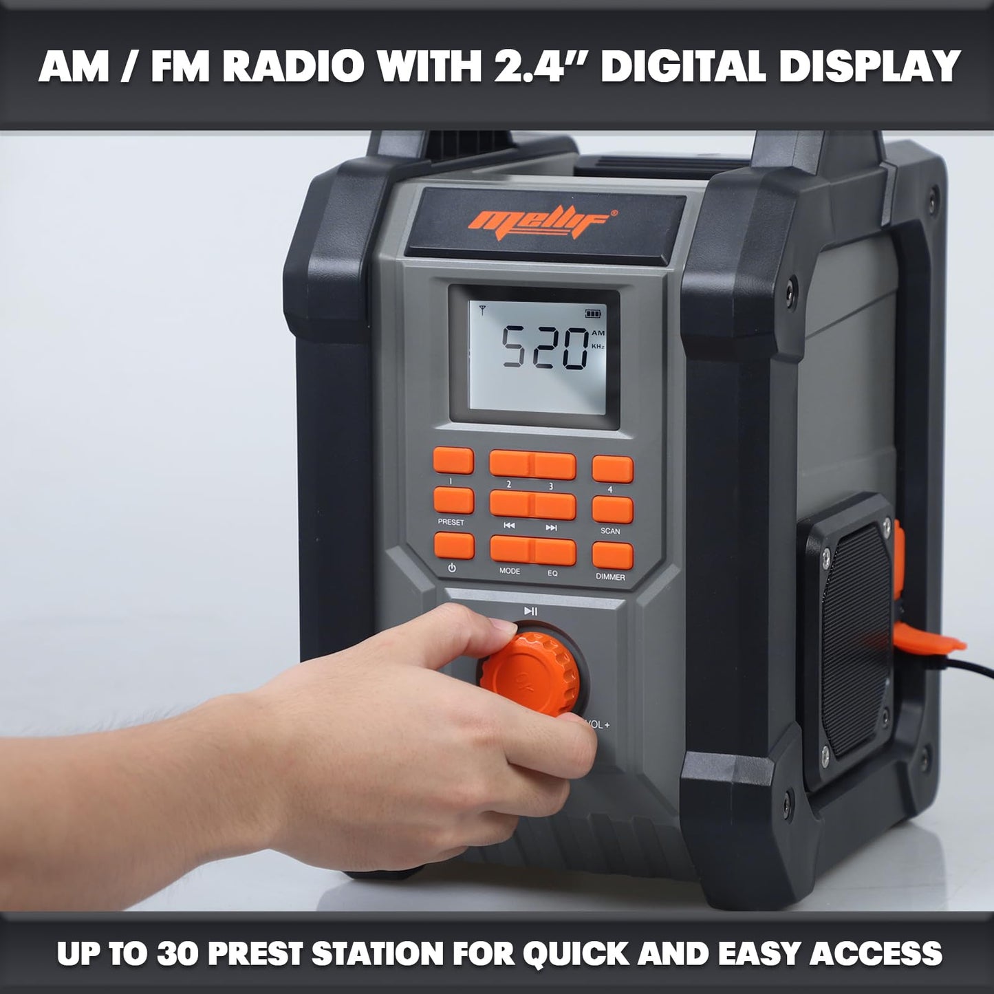 Mellif Jobsite Radio Speaker Compatible with Dewalt 20v Max Battery, Enhanced Signal Reception, 100ft Wireless Range, Stereo, IPX54 Waterproof, TWS, AM/FM Presets, 2.0 Battery & 18V AC Power Cord