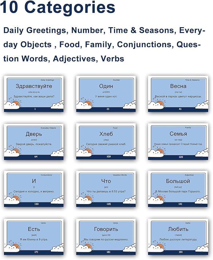 200 Essential Russian Words Vocabulary Flash Cards Flashcard for Beginners Adults | Learn Russian for Beginners Adult