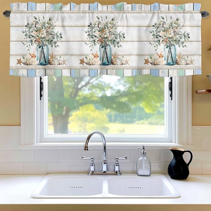 Kitchen Valances for Window, Ocean Starfish Conch Shell Eucalyptus Light