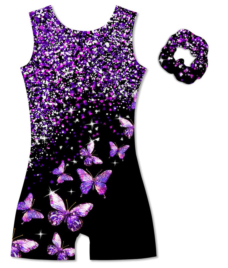 Vogseek 4-5T Girls Gymnastics Leotards with Hair Scrunchie Sparkle Dance Unitards Purple Butterfly's Active Biketards with Shorts for Kid Cute Tumbling Dance Outfit, Black