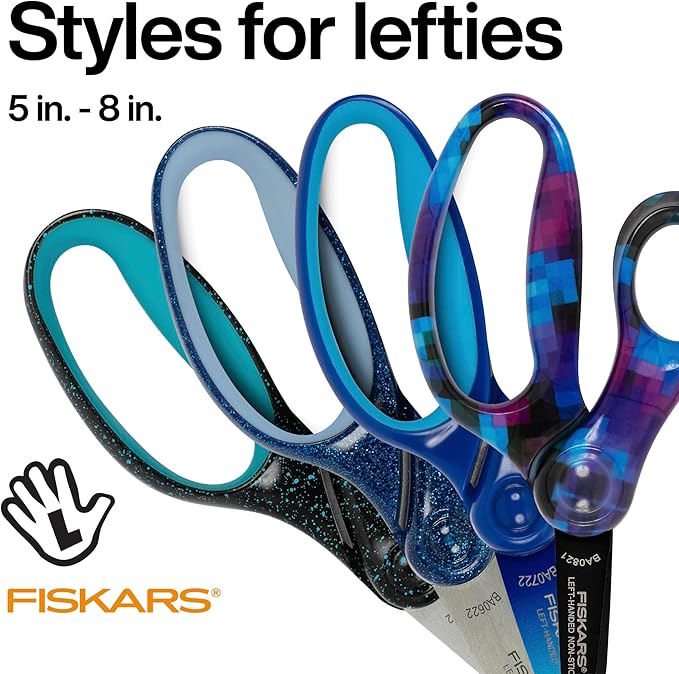 Fiskars 5" Left-Handed Softgrip Pointed-Tip Scissors for Kids 4-7 - Scissors for School or Crafting - Back to School Supplies - Blue Lightning