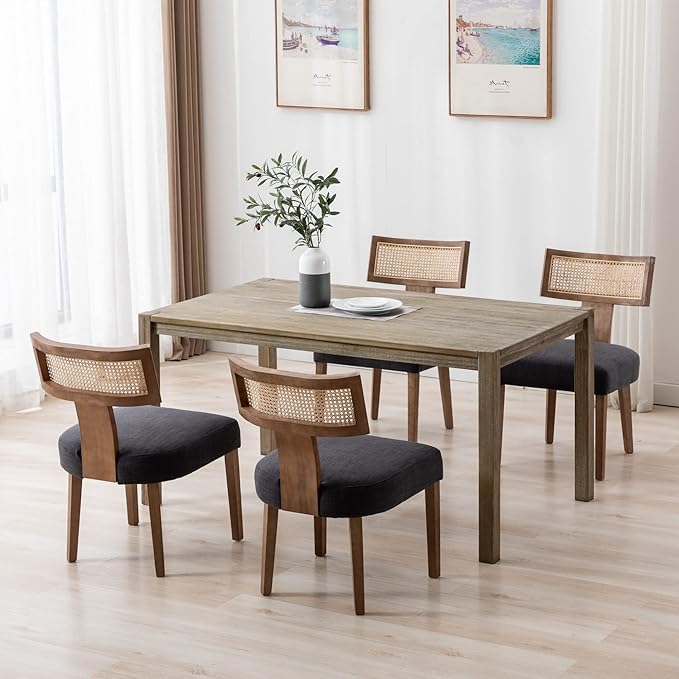 Rattan Dining Chairs Set of 4, Modern Fabric Upholstered Kitchen Chairs, Wooden Dining Room Chair Farmhouse Dinner Chair, Charcoal