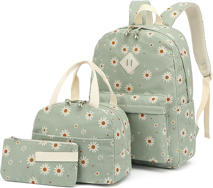 Corduroy Girls Backpack Set, 3PCS School Backpacks for Kids Elementary Middle School Bags with Lunch Box Pencil Case (Green Corduroy Daisy)