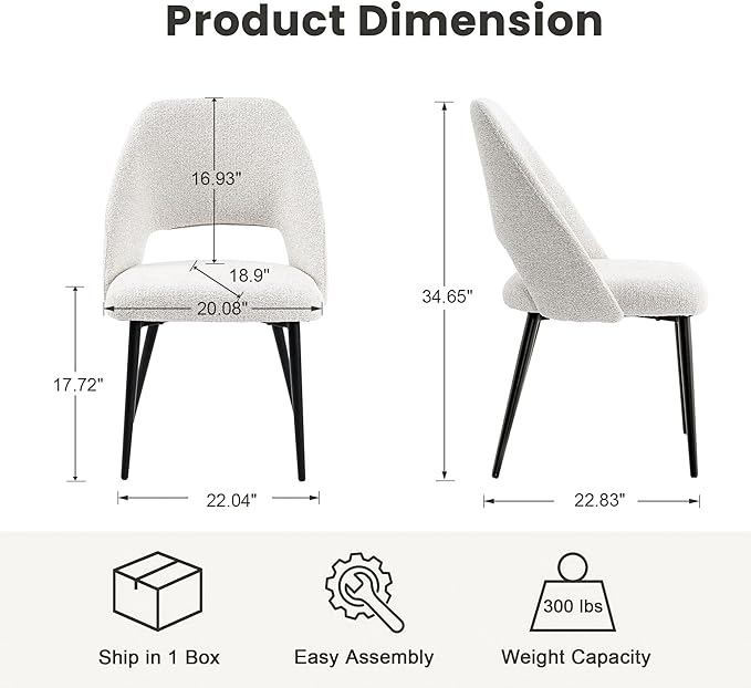 Rowill Boucle Dining Chairs Set of 6, Mordern Upholstered Fabric Dining Room Chairs, Kitchen Side Chairs with Metal Legs for Guest Reception Waiting Living Room, Beige
