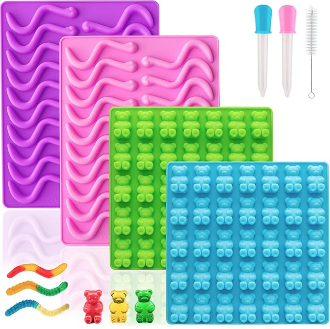 HKUCFTT Large Gummy Bear and Worm Molds, Silicone Candy Molds, 4 Pack