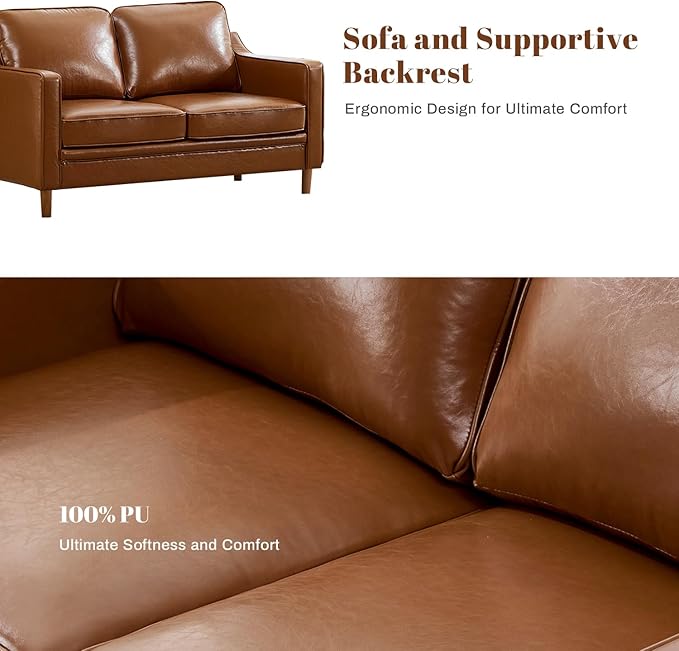 Kingfun 56" Faux Leather Sofa, Loveseat Couch, Mid Century Modern Love Seat Couches with Solid Wood Frame for Living Room & Bedroom, Dark Brown