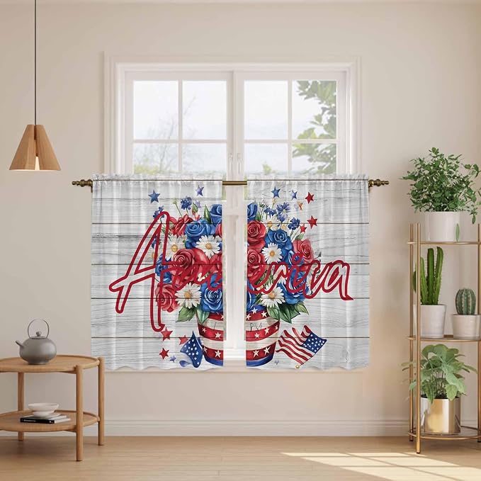 Independence Day Kitchen Curtains 54 Inch Long 2 Panel Set, Rod Pocket Window