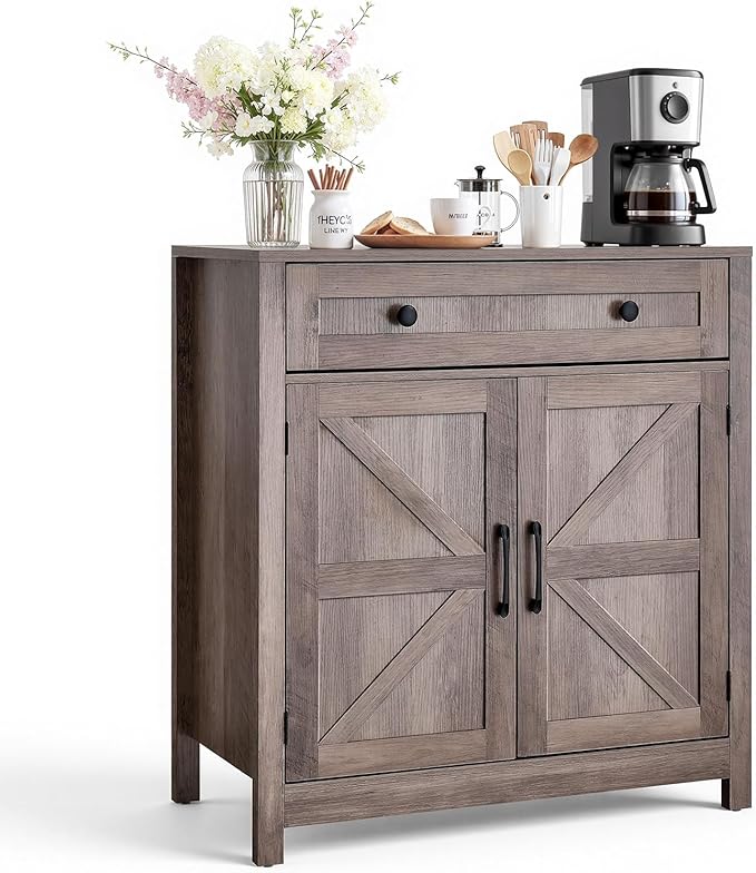 VEVOR Buffet Cabinet, Farmhouse Sideboard Cabinet with Drawer, Coffee Bar Cabinet with 2 Barn Door, Sideboard Buffet Station for Living Room, Entryway, Kitchen, 29.5 x 14.7 x 31.5 in, Grey