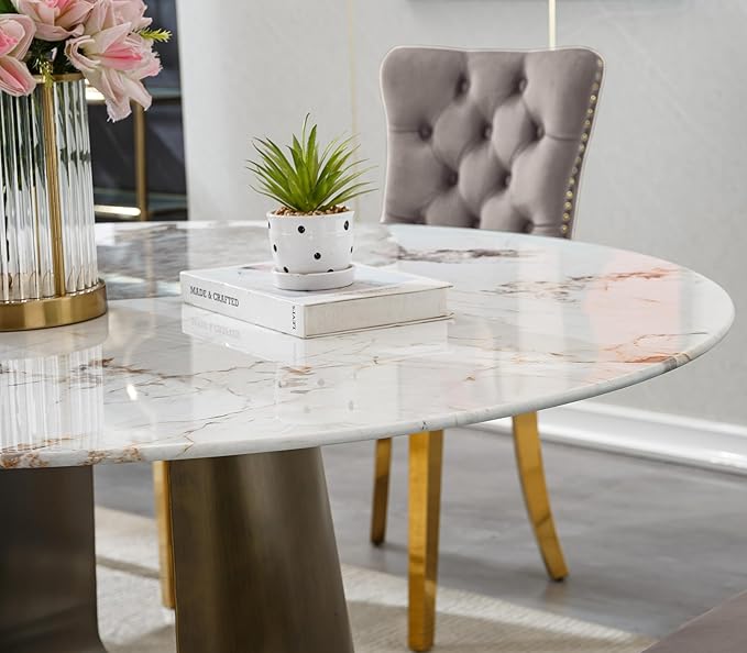 Round Faux Marble Dining Table Set for 4, Modern Luxury Kitchen Table for 4-6, Circle Dining Tables with Pandora Marble Grain Top and Bronze Carbon Steel Pedestal Base (1 Table Only)