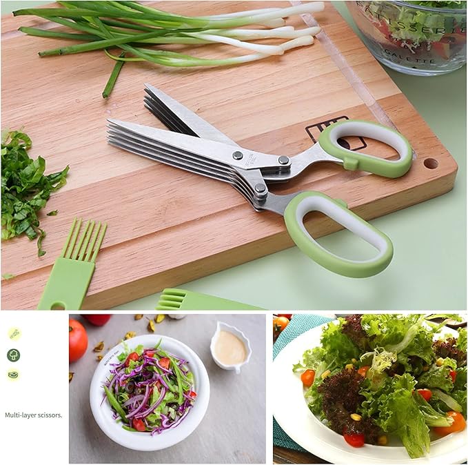AWinjoy Herb Scissors Set,Multipurpose 5 Blade Kitchen Herb Cutter with Safety Cover and Cleaning Comb for Cutting Shredded Lettuce, Cilantro Fresh, Green Onion Fresh and etc.