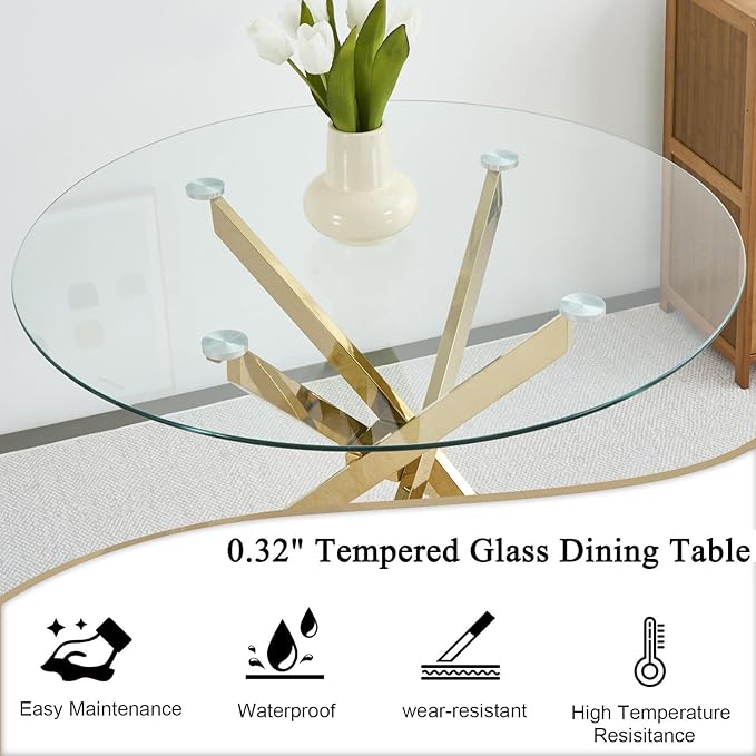 36" Round Dining Table for 4, Glass Kitchen & Dining Room Tables, Modern Circle Dining Room Table w/Tempered Glass Tabletop Gold Finish Metal Legs for Dinner Small Spaces