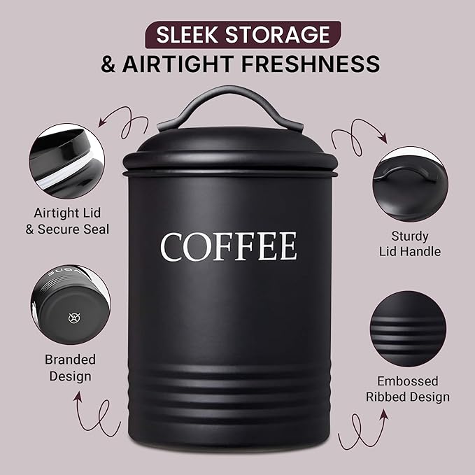 Steelware Central Black Kitchen Canister Set of 3 - Airtight Food Storage Containers with Lids for Sugar, Coffee & Tea, Stainless Steel Countertop Decorative Jar Set