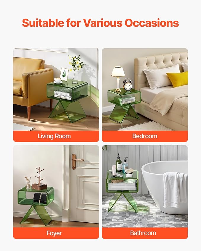 VEVOR Acrylic Nightstand Side Table, Modern Clear End Table with Storage Shelf, Transparent Small Bedside Table for Bedroom, Home Decor, Living Room, No Assembly Needed, Green