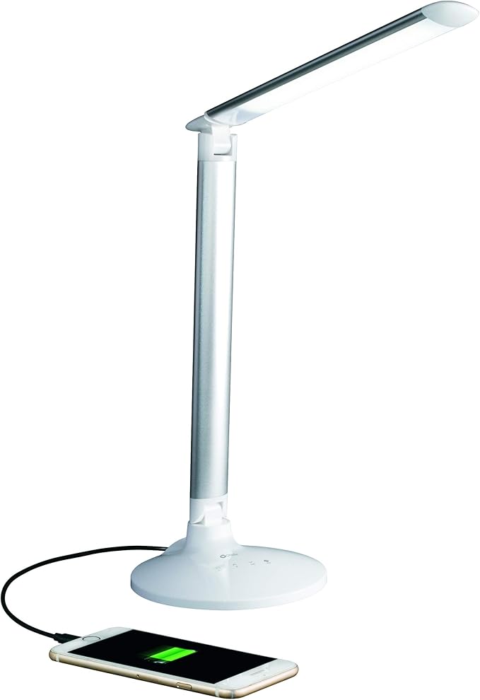 Ottlite Command LED Desk Lamp with Voice Assist - White, Google Home and Amazon Alexa Compatible, USB Charging Port