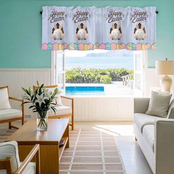 Blue Easter Curtain Valances for Windows, Kitchen Valance Window Treatment