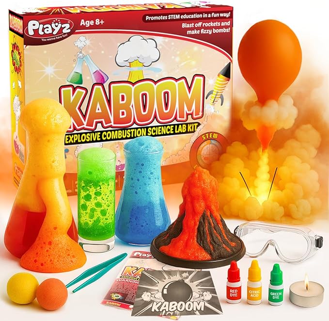 Playz Kaboom! 50+ Explosive Science Experiments Kit for Kids Age 8-12 with 25 Playz Lab Token Experiments - Chemistry Set STEM Learning & Educational Toys & Gifts for Boys, Girls, Teenagers & Kids