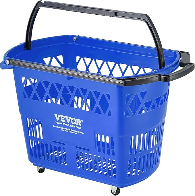 VEVOR 6 PCS Shopping Baskets, 39L Large Plastic Rolling Shopping Basket with Wheels, Shopping Carts with Handles, Portable Shopping Basket Set for Supermarkets, Grocery Shopping, Retail Stores, Blue
