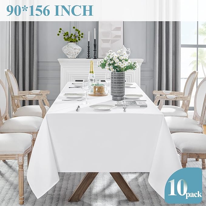 VidaFete Table Cloth 10 Pack 90 * 156inch Rectangle Tablecloth Polyester, Stain Wrinkle Resistant Polyester Dining Table Cover for Kitchen Dinning Party Wedding Rectangular Tabletop Decoration(White)