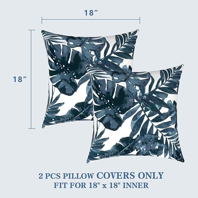 LVTXIII Outdoor Accent Patio Toss Pillow Covers, Covers ONLY Tropical Throw Pillow Case Sham, Square Cushion Covers for Indoor Outdoor Use 2 Pack, 18" x18" – Palm Blue